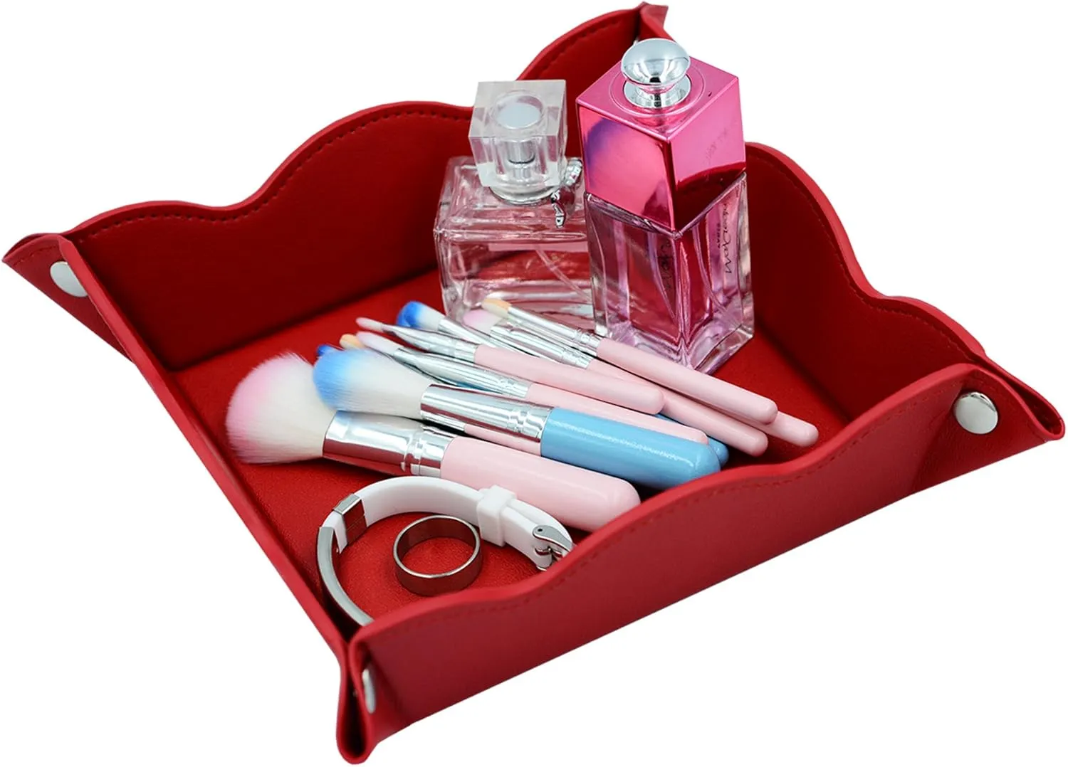 Valet Tray Cosmetics Jewelry Organizer Box Multifunctional Leather Storage Tray(Bright Red)