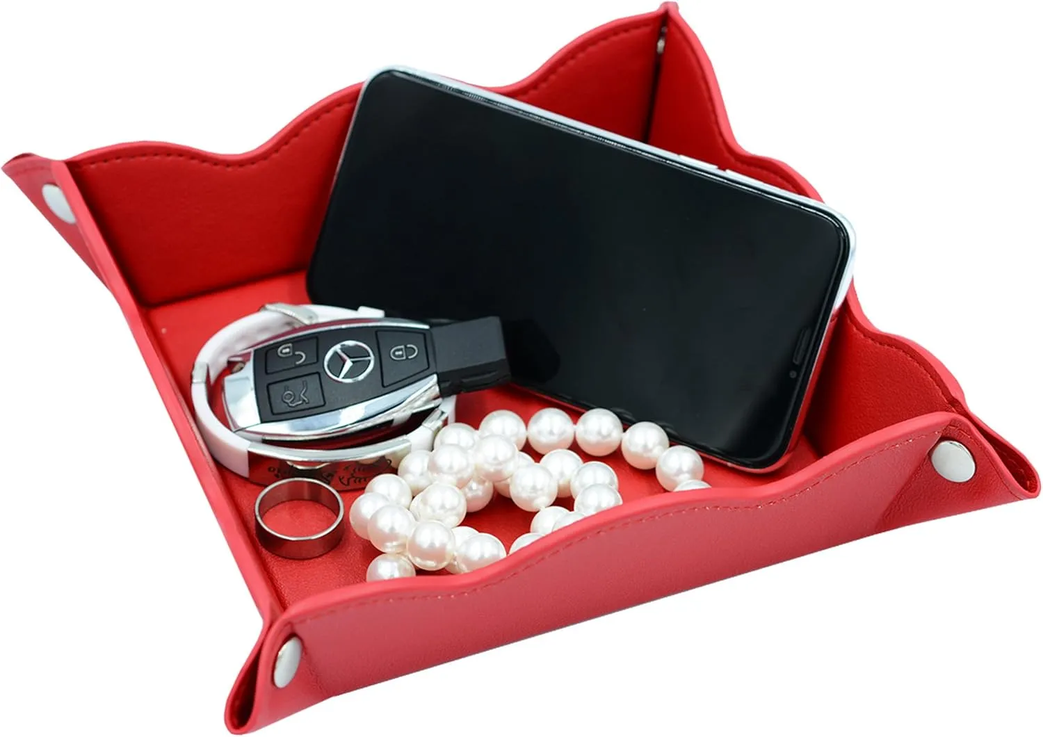 Valet Tray Cosmetics Jewelry Organizer Box Multifunctional Leather Storage Tray(Bright Red)