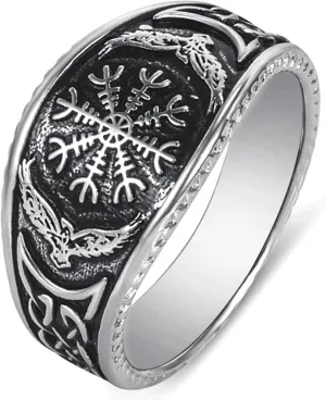 Vegvisir Ring, Pirate Compass Ring for Men, Helm of Awe Rune Ring Norse Viking Valknut Odin Symbol Ring Odin Jewelry, Vintage Celtic Knot Ring Nordic Hawk Eagle Raven Ring for mens