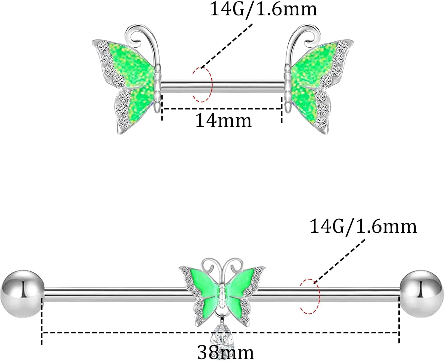 VERAMI 14G 316L Butterfly Nipple Ring and Butterfly Industrial Barbell Cartilage Earring Set Surgical Steel Butterfly Barbell Body Piercing Jewelry for Women