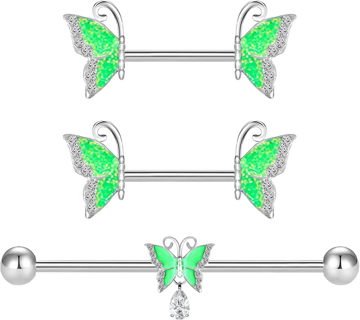 VERAMI 14G 316L Butterfly Nipple Ring and Butterfly Industrial Barbell Cartilage Earring Set Surgical Steel Butterfly Barbell Body Piercing Jewelry for Women