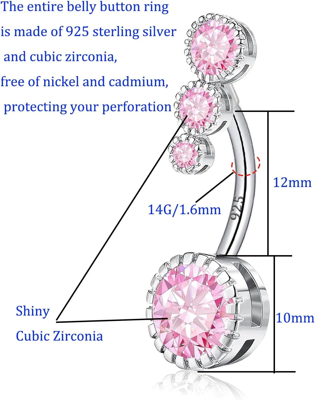 VERAMI 14G 925 Sterling Silver Belly Button Rings For Women 12mm Bar Navel Ring Round Cubic Zirconia Belly Rings Clear CZ Navel Rings Piercing