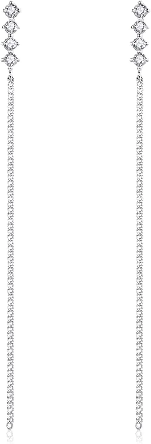 VIKI LYNN 925 Sterling Silver Cubic Zirconia Crystal Long Dangle Drop Chain Line Earrings for Women