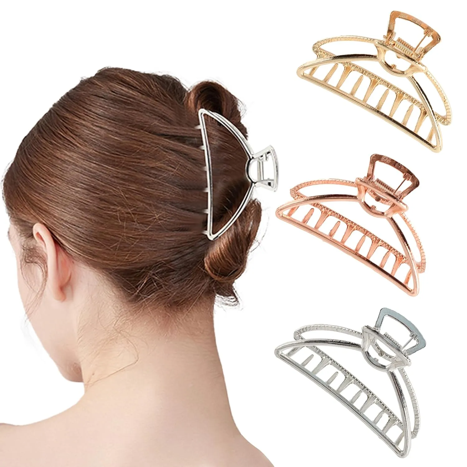 VinBee Metal Hair Clips for Women Hair Claw Clips Medium for Thick Hair 3 Pack (Silver   Gold   Rose Gold)