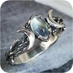 Vintage 925 Plated Thai Silver Triple Moon Phase Ring Oval Moonstone Rings for Women Dainty Gemstone Crystal Statement Ring Boho Jewelry for Women's Size 6#