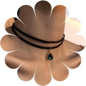 Vintage Black Suede Choker Necklace Cz Emerald Pendant Necklace Black Velvet Choker Necklace Green Teardrop Collar Necklace Layered Jewelry for Women