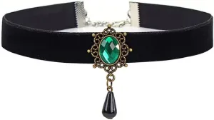 Vintage Black Velvet Choker Necklace for Women Gothic Victorian Crystal Charms Adjustable Chain Necklaces Retro Boho Dress Accessories Punk 80s 90s Christmas Halloween Cosplay Party Jewelry (Green CZ)
