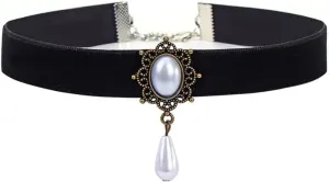Vintage Black Velvet Choker Necklace for Women Gothic Victorian Crystal Charms Adjustable Chain Necklaces Retro Boho Dress Accessories Punk 80s 90s Christmas Halloween Cosplay Party Jewelry (Shell Pearl Drop)