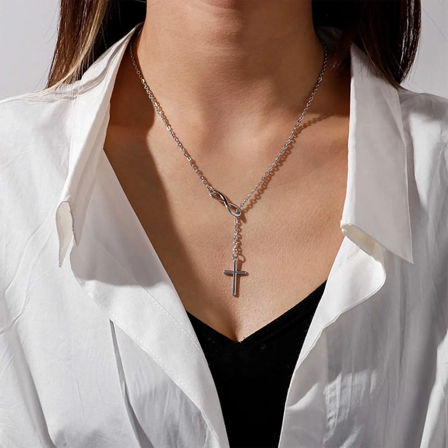 Vintage Cross Y Lariat Necklace Silver Cross Pendant Necklace Sideways Infinity Choker Necklace Forever Necklace Religious Chain Necklace for Women