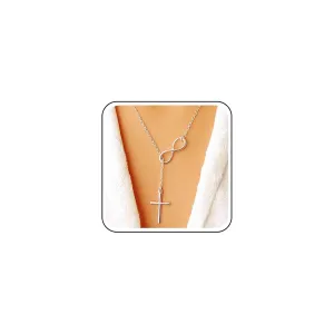 Vintage Cross Y Lariat Necklace Silver Cross Pendant Necklace Sideways Infinity Choker Necklace Forever Necklace Religious Chain Necklace for Women