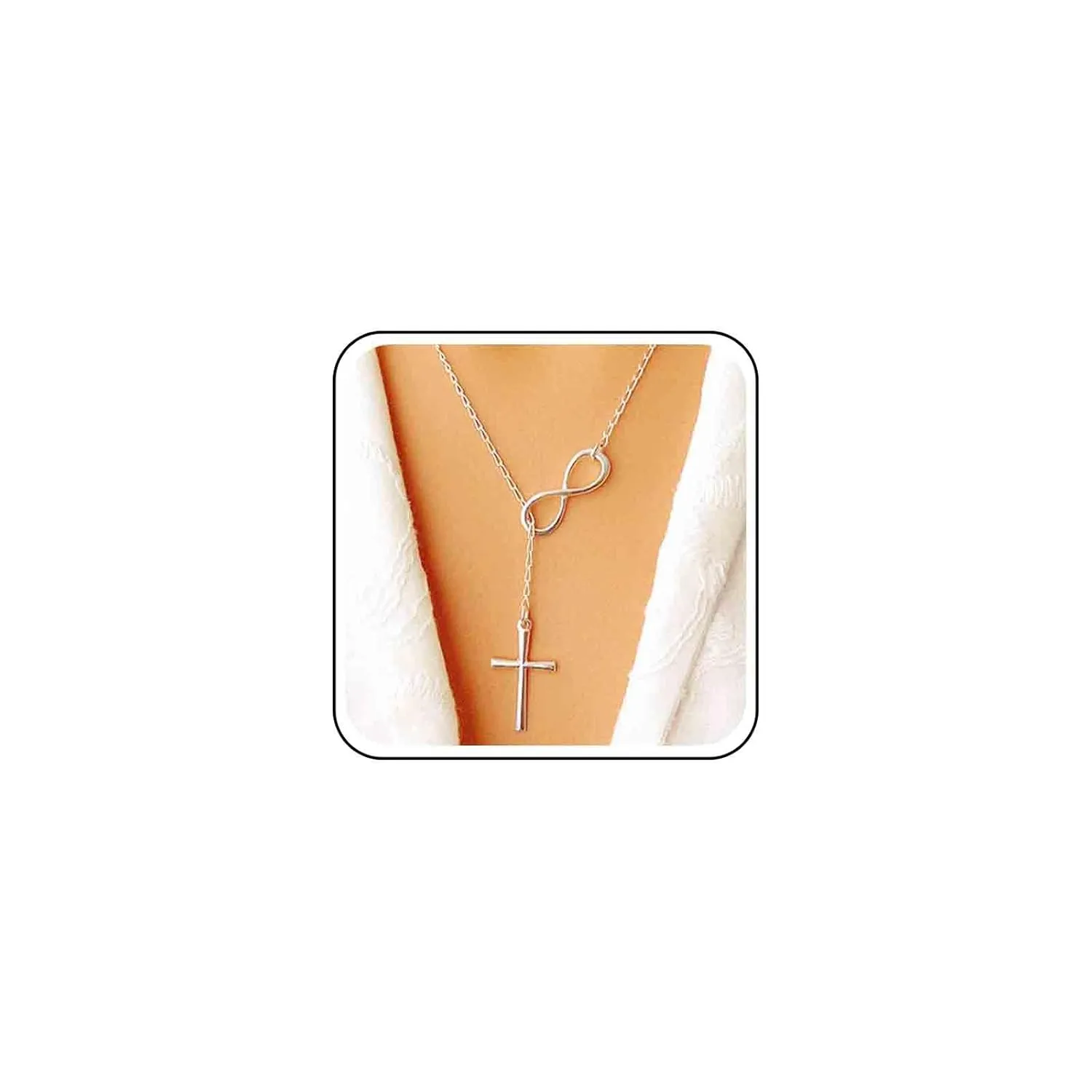 Vintage Cross Y Lariat Necklace Silver Cross Pendant Necklace Sideways Infinity Choker Necklace Forever Necklace Religious Chain Necklace for Women
