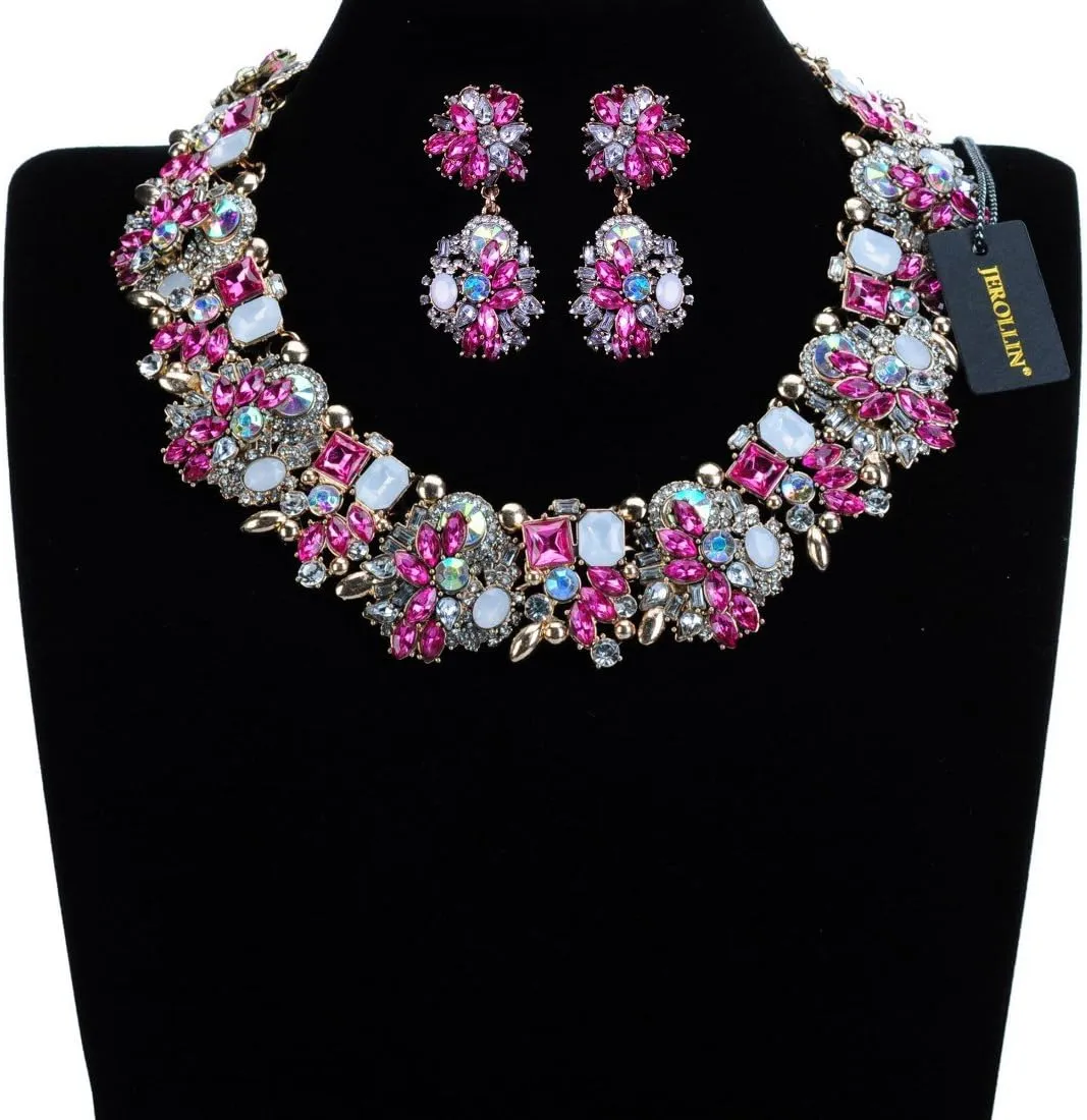 Vintage Crystal Rhinestone Statement Choker Bib Statement Necklace Earring Fashion Costume Jewelry Set for Women