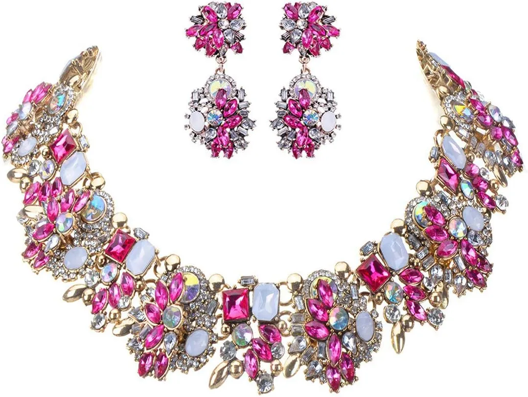 Vintage Crystal Rhinestone Statement Choker Bib Statement Necklace Earring Fashion Costume Jewelry Set for Women