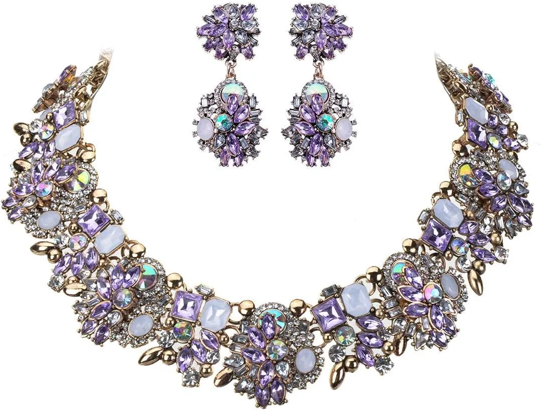 Vintage Crystal Rhinestone Statement Choker Bib Statement Necklace Earring Fashion Costume Jewelry Set for Women