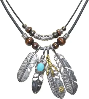 Vintage Feather Eagle Claw Pendant Double Layer Necklaces Men Boho Antique Silver Color Leaf Long Necklace For Women,four pieces of feathers can be freely combined to wear
