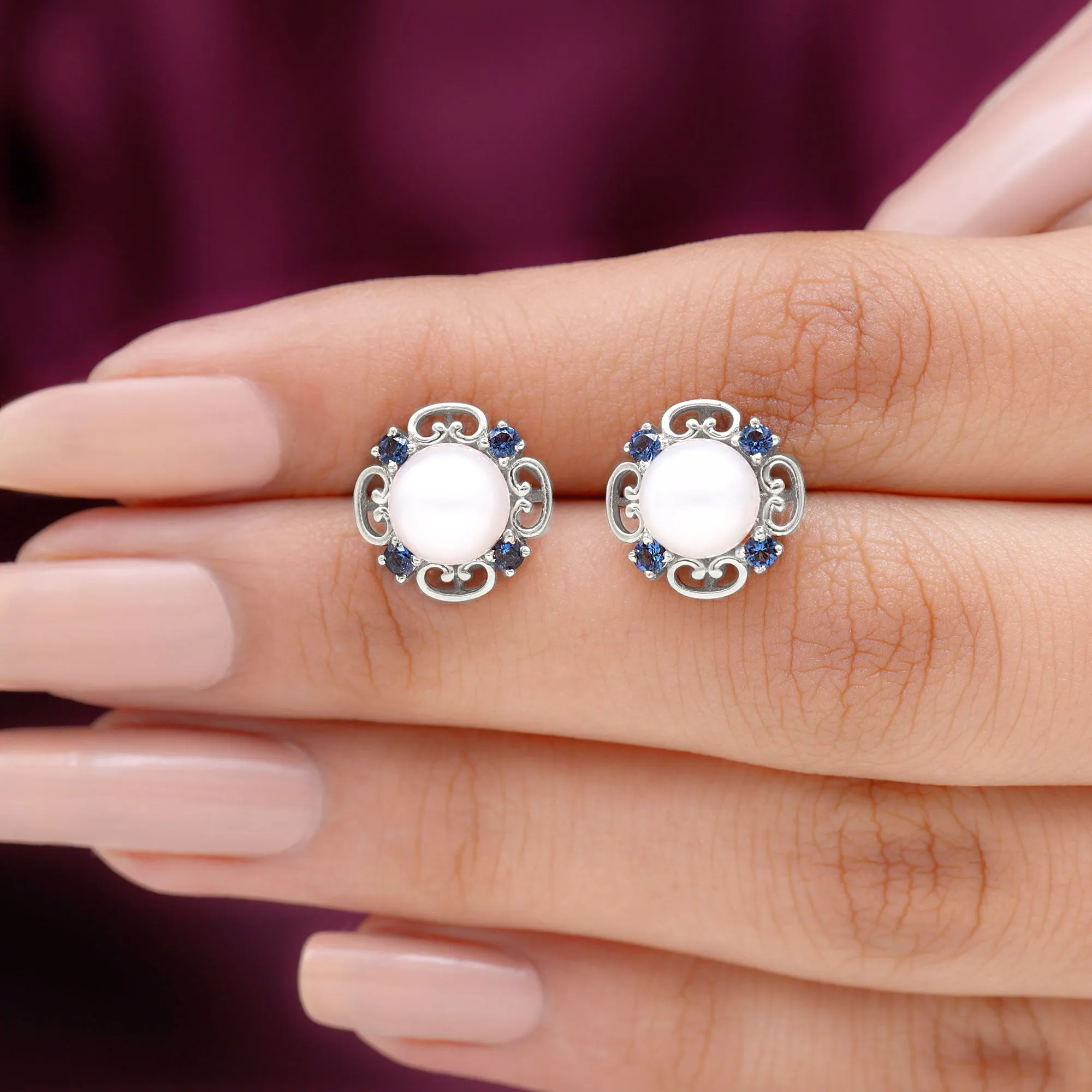 Vintage Freshwater Pearl Stud Earrings with Created Blue Sapphire