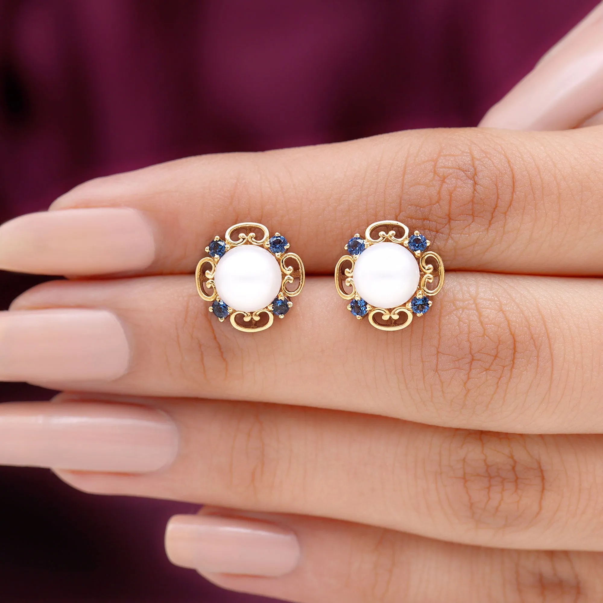 Vintage Freshwater Pearl Stud Earrings with Created Blue Sapphire