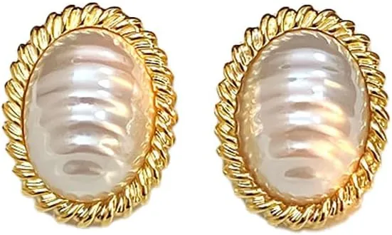 Vintage Gold Pearl Statement Stud Earrings for Women 18K gold plated  Classic Oval Drop Earrings with Textured Frame  Elegant Retro Jewelry for Weddings & Special Occasions