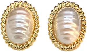 Vintage Gold Pearl Statement Stud Earrings for Women 18K gold plated  Classic Oval Drop Earrings with Textured Frame  Elegant Retro Jewelry for Weddings & Special Occasions