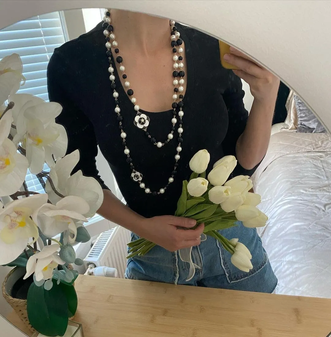 Vintage Inspired Imitation Pearl Long Strand Black and White Camellia Flower Costume Layered Necklace, Statement Multiple Strands Pendant for Women, Jewelry Gift