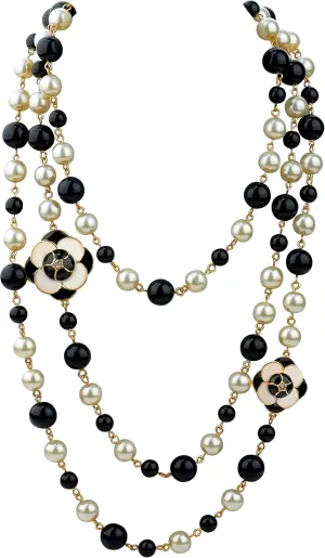 Vintage Inspired Imitation Pearl Long Strand Black and White Camellia Flower Costume Layered Necklace, Statement Multiple Strands Pendant for Women, Jewelry Gift