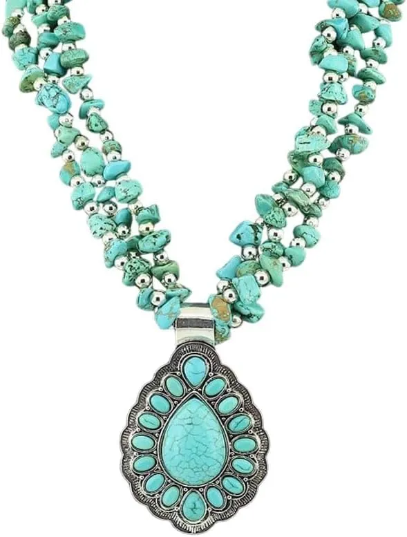 Vintage Irregular Turquoise Beaded Choker Necklace for Women Handmade Bohemian Western Layered Green Natural Gemstone Beads Chunky Strand Pendant Necklaces Boho Statement Cowgirls Retro Jewelry Fashion Gifts