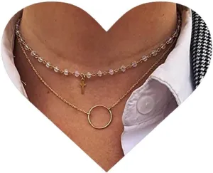 Vintage Layered Cross Necklace Gold Circle Pendant Necklace Pink Raw Crystal Chain Necklace Bohemia Quartz Bead Necklace Choker for Women