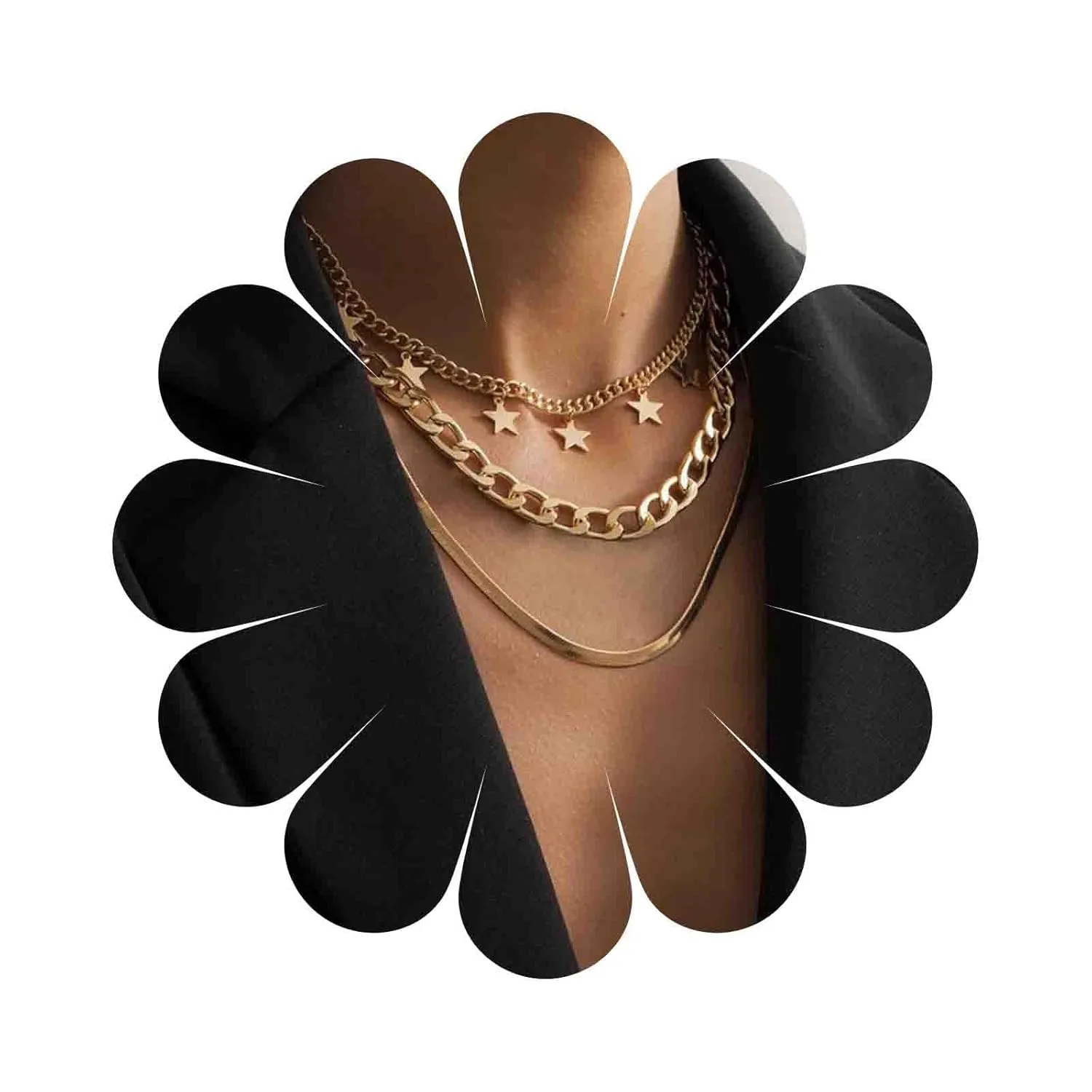 Vintage Layered Curb Chain Necklace Gold Herringbone Necklace Dangle Star Choker Necklace Punk Multiple Layering Chain Necklace Jewelry for Women (Gold)