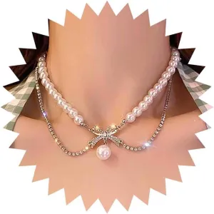 Vintage Layered Pearl Choker Necklace Cz Tennis Tassel Necklace Silver Pearl Dangle Necklace Rhinestone Bow Necklace Crystal Bow Collar Necklace Jewelry for Women