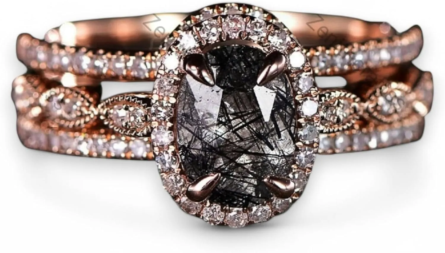 Vintage Natural Black Rutilated Quartz Anniversary Ring Set Handmade Gift Ring For Women 14k Rose Gold Oval Cut Art Deco stacking Halo Bridal Ring Personalized Jewelry For Her