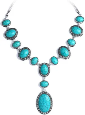 Vintage Oval Turquoise Y-Shaped Pendant Necklace for Women Long Western Bohemian Handmade Beaded Chain Necklaces Boho Trendy Cowgirl Retro Natural Green Gemstone Collar Bib Jewelry Gifts