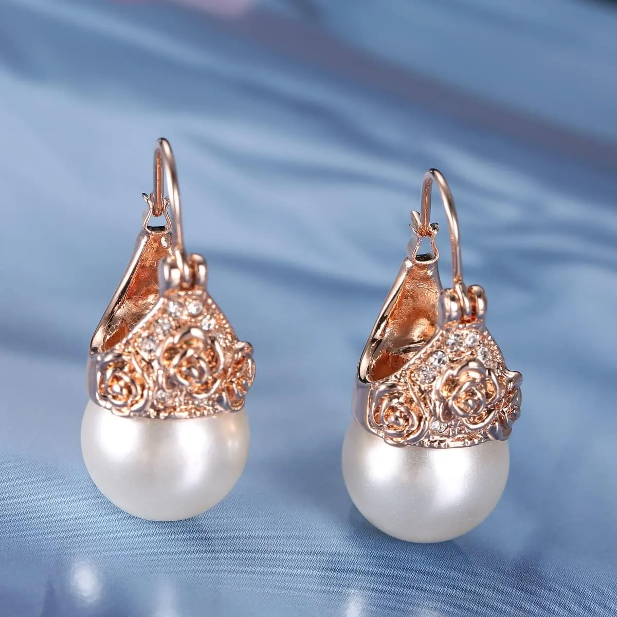 Vintage Pearl Earrings Unique Pearl Drop Dangle Jewelry Rose Flower Cuff Earrings for Women