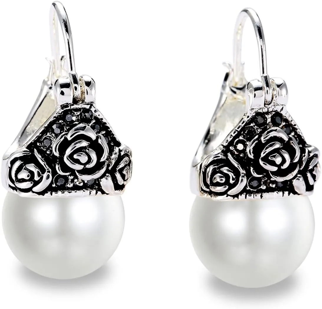 Vintage Pearl Earrings Unique Pearl Drop Dangle Jewelry Rose Flower Cuff Earrings for Women