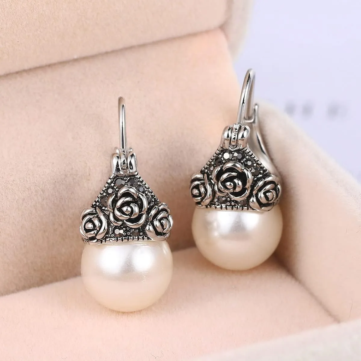 Vintage Pearl Earrings Unique Pearl Drop Dangle Jewelry Rose Flower Cuff Earrings for Women