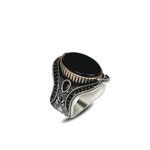Vintage Style Black Onyx Ring with Marcasite Accents, Sterling Silver Ring for Men (7)