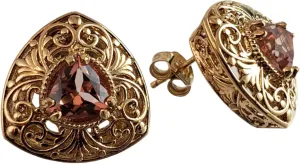 Vintage Style Morganite Stud Earrings, Gold Plated Filigree, Trillion Cut, Triangle Shape