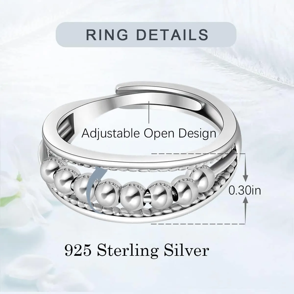 Vito 925 Sterling Silver Fidget Anxiety Ring for Women, Adjustable Open Spinner Ring Stress Relief Ring Stacking Band Anillos Jewelry Gift for Mom Daughter
