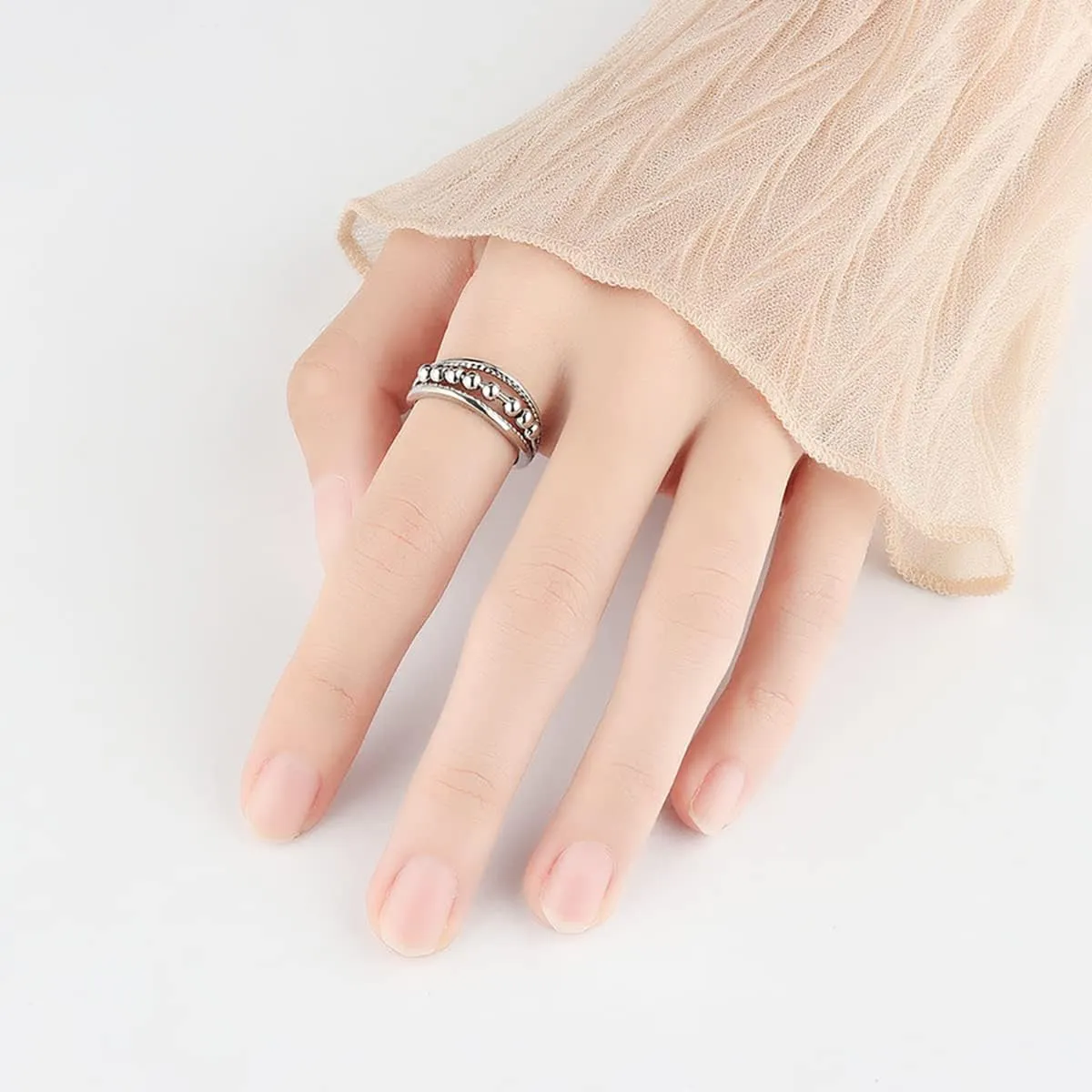 Vito 925 Sterling Silver Fidget Anxiety Ring for Women, Adjustable Open Spinner Ring Stress Relief Ring Stacking Band Anillos Jewelry Gift for Mom Daughter