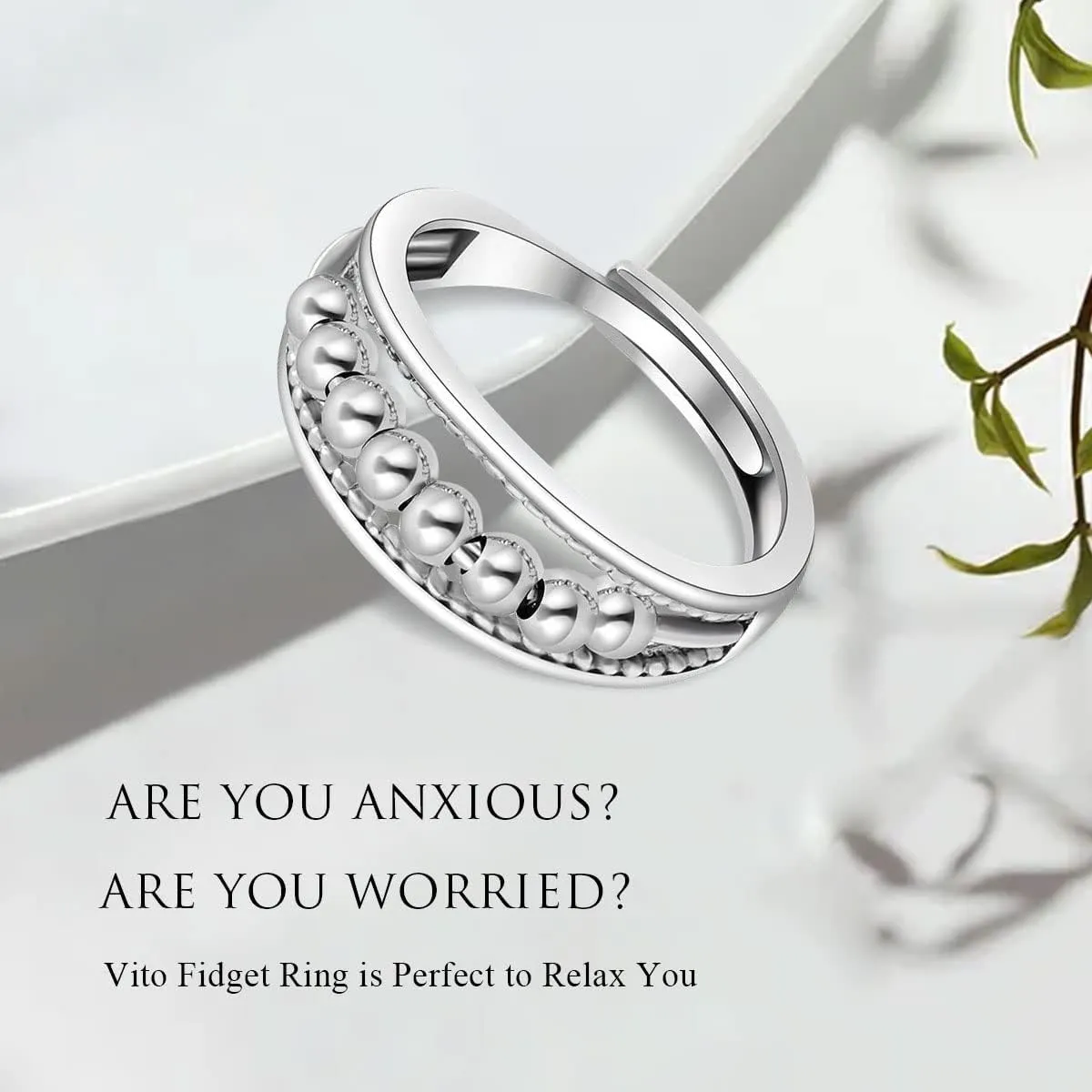 Vito 925 Sterling Silver Fidget Anxiety Ring for Women, Adjustable Open Spinner Ring Stress Relief Ring Stacking Band Anillos Jewelry Gift for Mom Daughter