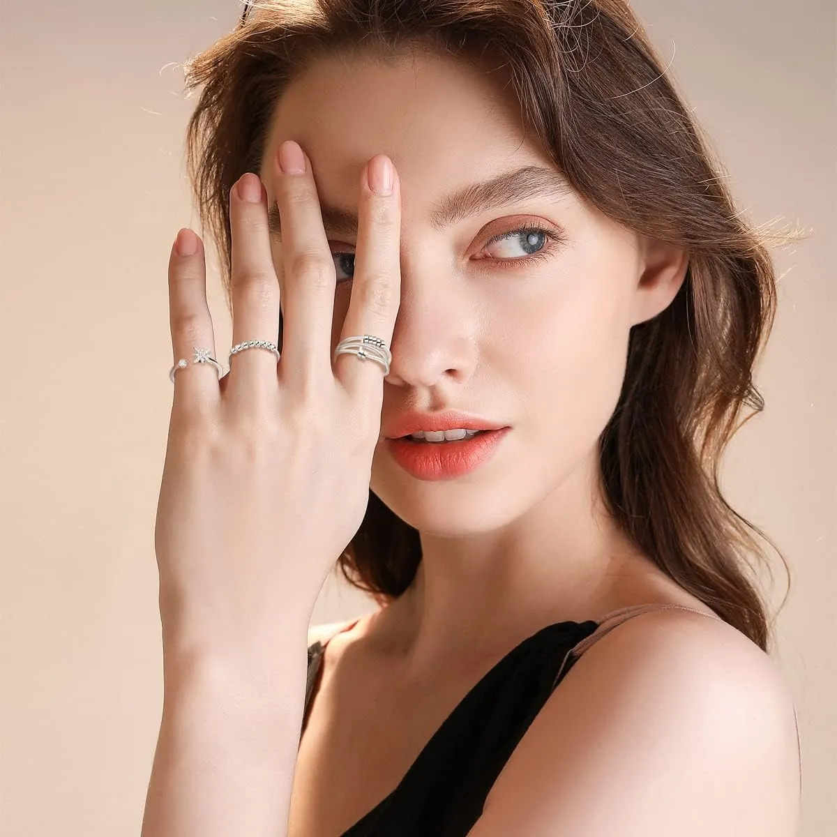 Vito 925 Sterling Silver Fidget Anxiety Ring for Women, Adjustable Open Spinner Ring Stress Relief Ring Stacking Band Anillos Jewelry Gift for Mom Daughter