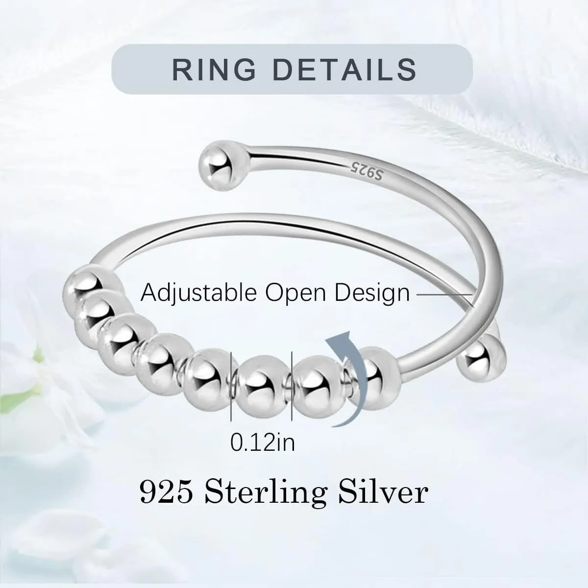 Vito 925 Sterling Silver Fidget Anxiety Ring for Women, Adjustable Open Spinner Ring Stress Relief Ring Stacking Band Anillos Jewelry Gift for Mom Daughter