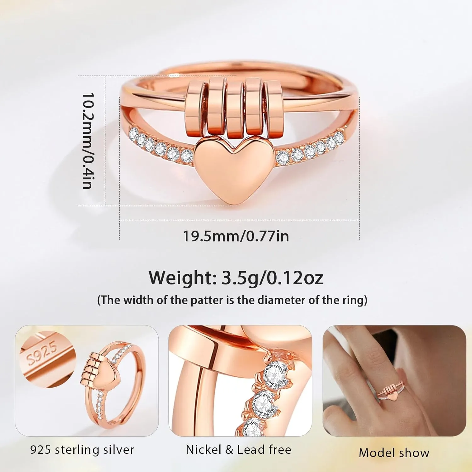 Vito 925 Sterling Silver Fidget Anxiety Ring for Women, Adjustable Open Spinner Ring Stress Relief Ring Stacking Band Anillos Jewelry Gift for Mom Daughter