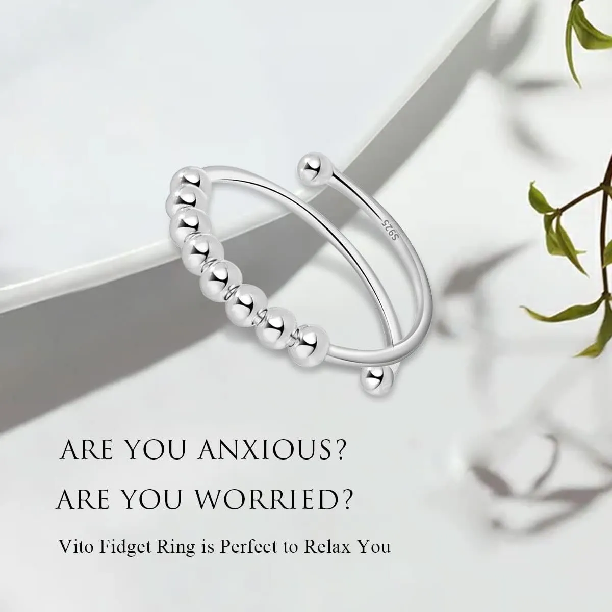 Vito 925 Sterling Silver Fidget Anxiety Ring for Women, Adjustable Open Spinner Ring Stress Relief Ring Stacking Band Anillos Jewelry Gift for Mom Daughter