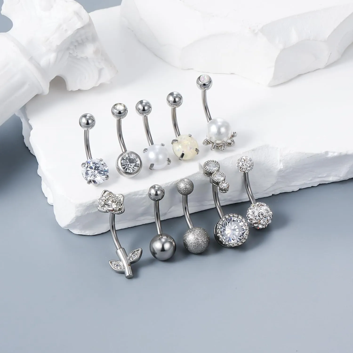 Vsnnsns 14G Belly Button Ring 316L Stainless Surgical Steel Belly Button Piercing Diamond CZ Opal Belly Rings Flower Belly Button Ring Navel Rings Piercing Jewelry for Women Men Silver Rose Gold