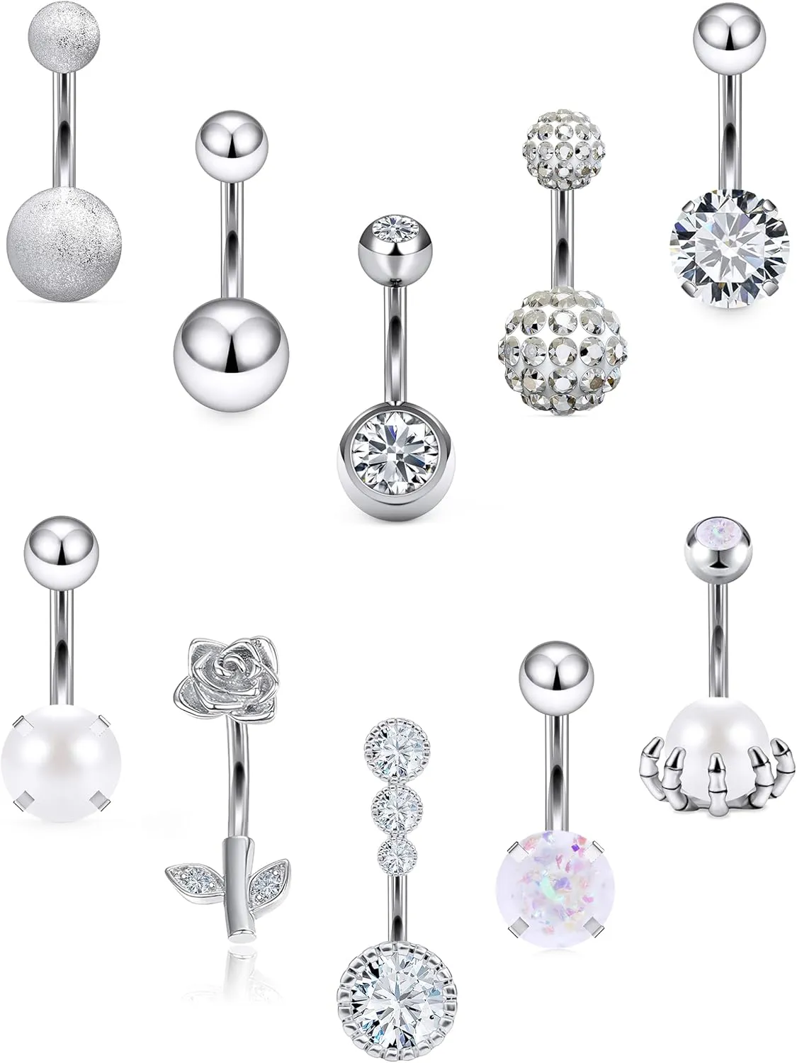 Vsnnsns 14G Belly Button Ring 316L Stainless Surgical Steel Belly Button Piercing Diamond CZ Opal Belly Rings Flower Belly Button Ring Navel Rings Piercing Jewelry for Women Men Silver Rose Gold