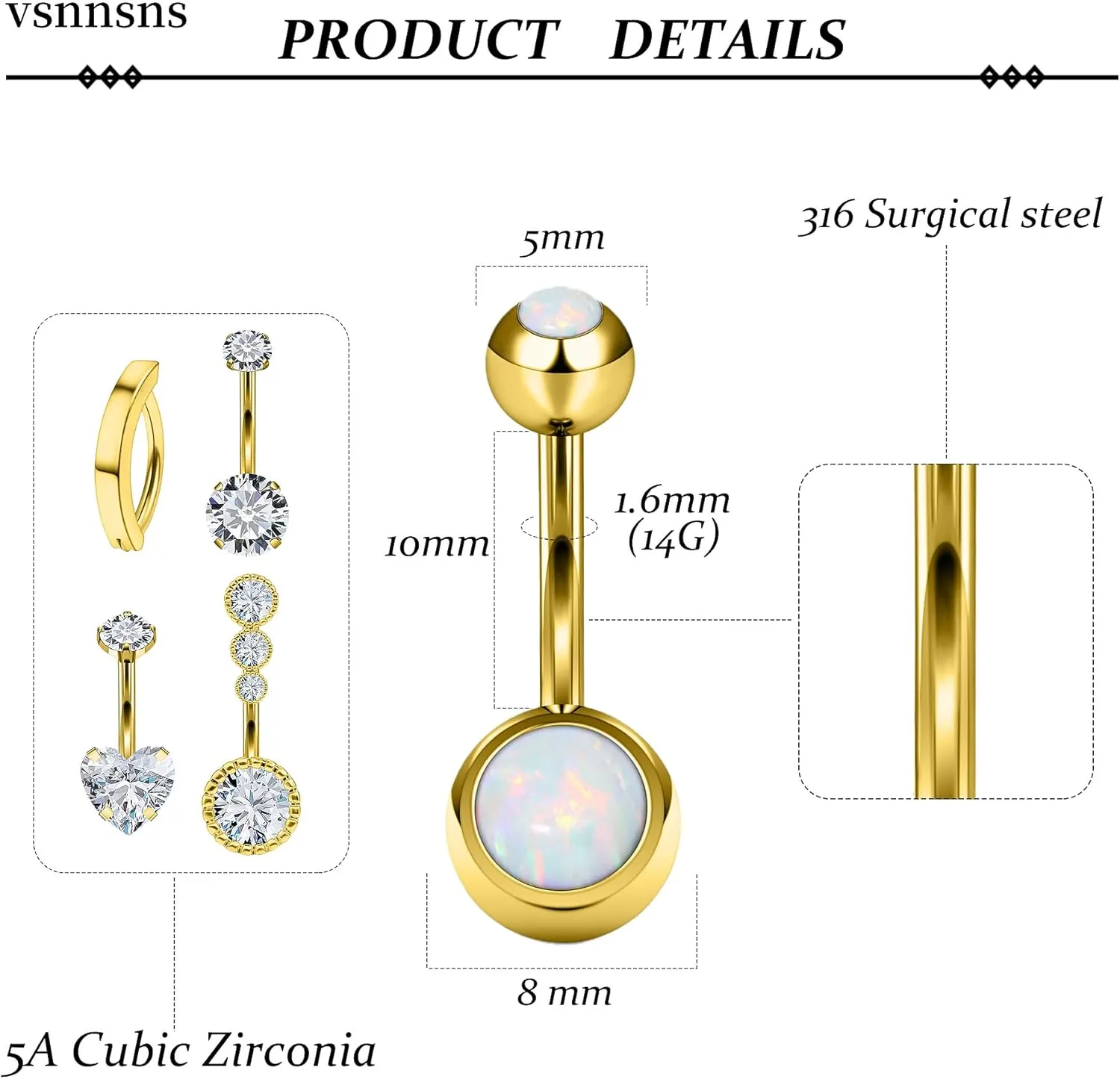 Vsnnsns 14G Clicker Belly Button Ring Piercing Jewelry 316L Stainless Surgical Steel Diamond CZ Navel Rings Clear CZ Clip Belly Button Ring Piercing Jewelry for Women Men 14 Gauge 10MM 12MM