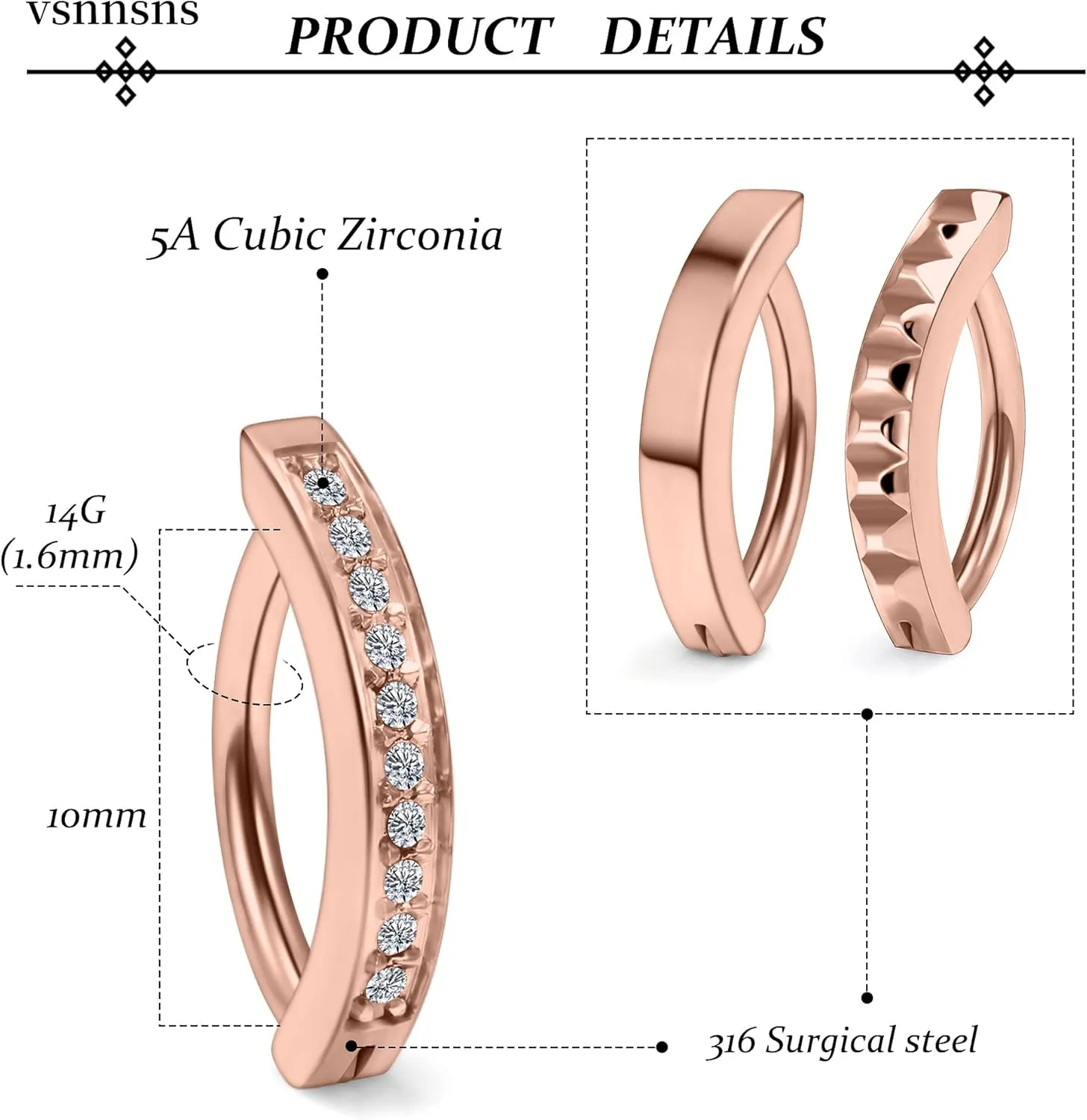 Vsnnsns 14G Clicker Belly Button Ring Piercing Jewelry 316L Stainless Surgical Steel Diamond CZ Navel Rings Clear CZ Clip Belly Button Ring Piercing Jewelry for Women Men 14 Gauge 10MM 12MM