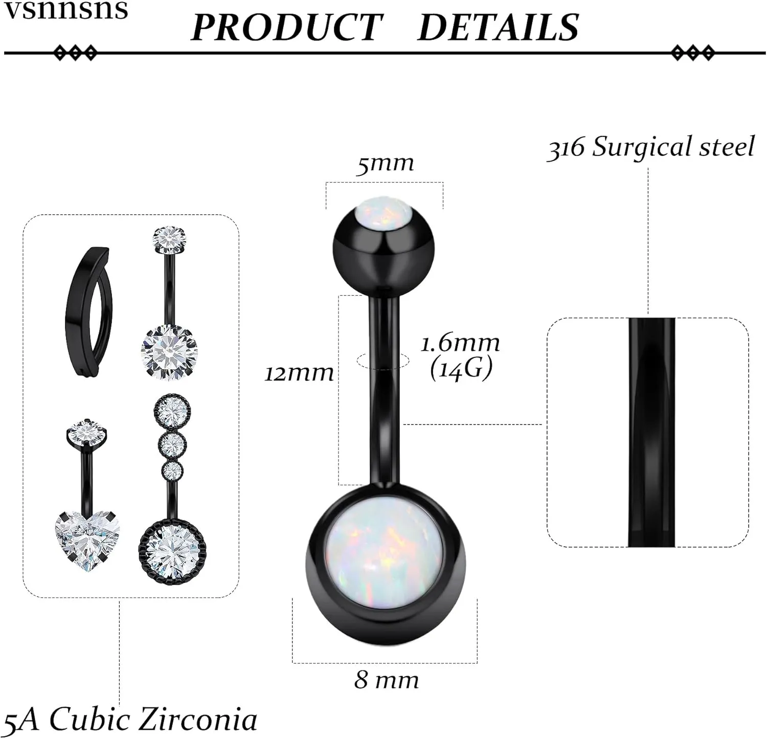 Vsnnsns 14G Clicker Belly Button Ring Piercing Jewelry 316L Stainless Surgical Steel Diamond CZ Navel Rings Clear CZ Clip Belly Button Ring Piercing Jewelry for Women Men 14 Gauge 10MM 12MM