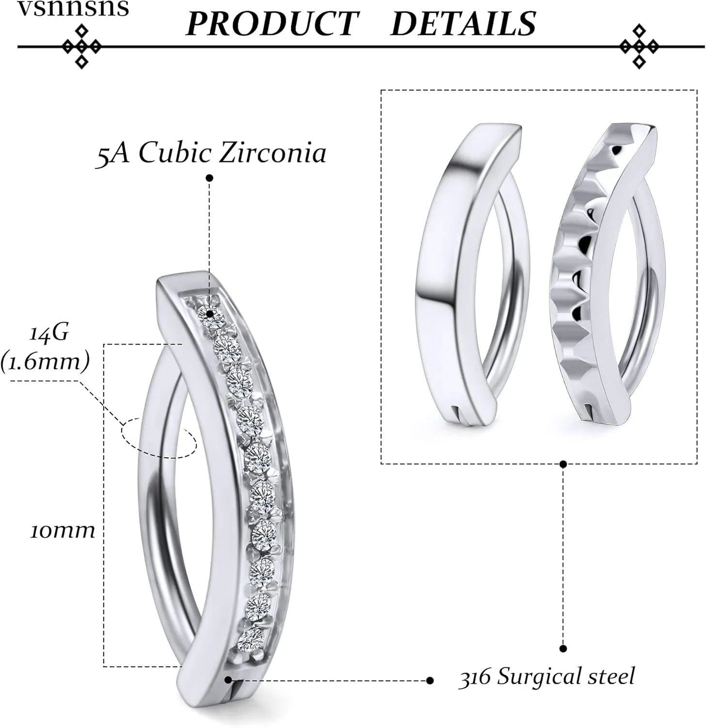 Vsnnsns 14G Clicker Belly Button Ring Piercing Jewelry 316L Stainless Surgical Steel Diamond CZ Navel Rings Clear CZ Clip Belly Button Ring Piercing Jewelry for Women Men 14 Gauge 10MM 12MM