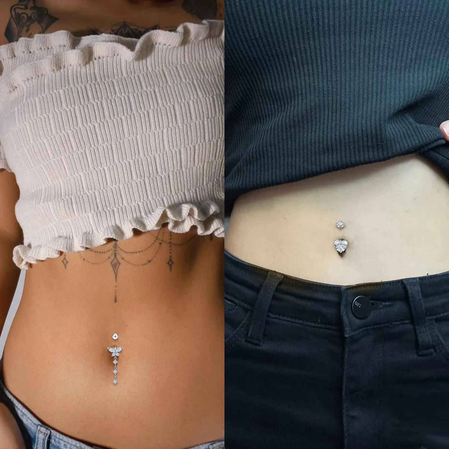 Vsnnsns 14G Dangle Belly Button Ring Piercing Jewelry 316L Stainless Surgical Steel Heart Butterfly Flower Diamond CZ Navel Rings Dangling Belly Button Ring Piercing Jewelry for Women 14 Gauge